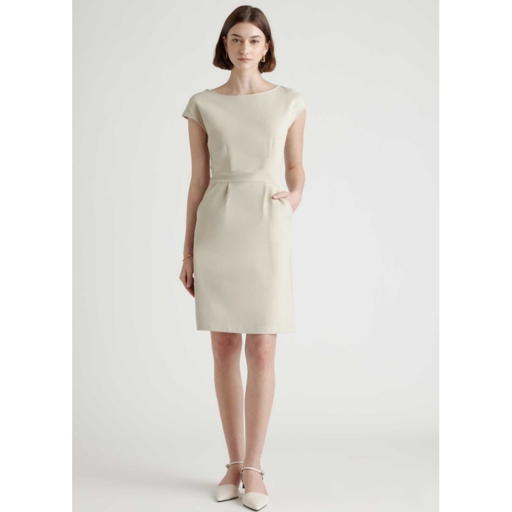 Quince Ecru Ultra-Stretch Ponte Cap Sleeve Sheath Dress Size XL Pockets